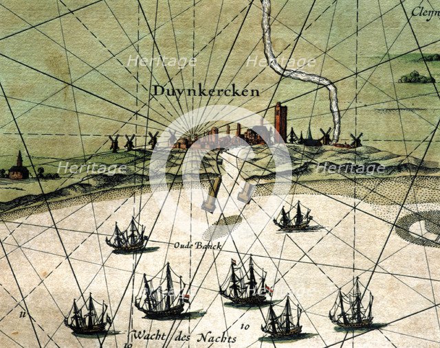 Dunkirk, colored engraving from the book 'Le Theatre du monde' or 'Nouvel Atlas', 1645, created, …