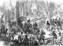 Lord Gifford and...scouts on the Adansi Hills warned by an Ashantee priest not to go forward, 1874. Creator: Unknown.