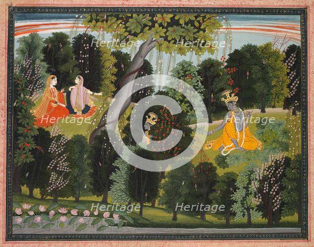 Sakhi Persuades Radha to Meet Krishna, from the "Lambagraon" Gita Govinda..., c. 1820-1825. Creator: Unknown.