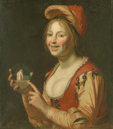 Laughing Girl Showing a Small Picture of a Nude Woman Seen from Behind, 1618-1671. Creators: Gerrit van Honthorst, Jan van Bijlert.