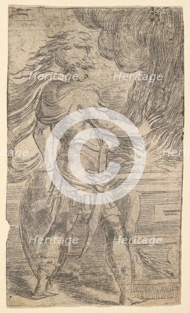 Mutius Scaevola placing his hand in the flames (left half of a composition, whose righ..., ca. 1540. Creator: Andrea Schiavone.