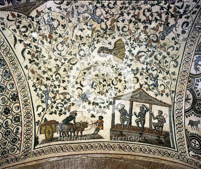 Wine harvest scene and bust of the Emperor Constantine, Mosaic c. 350 AD.