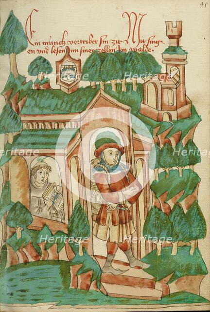 Barlaam Leaving the Hermitage; Barlaam und Josaphat, 1469. Creators: Hans Schilling, Diebolt Lauber.