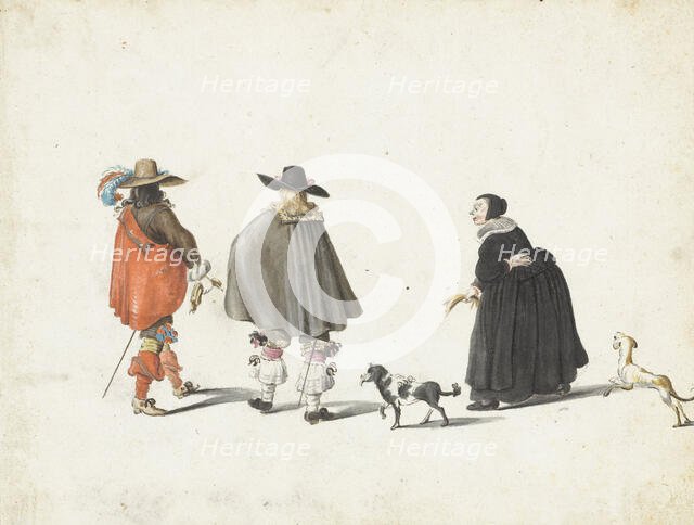 Woman in black, accompanied by two dogs, talking with two gentlemen, 1654-1655. Creator: Gesina ter Borch.