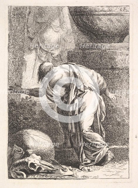 A young man, seen from behind and ascending a step towards the left, a cloak draped over h..., 1766. Creator: Bossi.