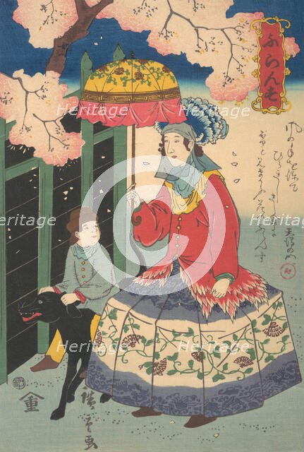 French Woman, Her Child and Pet Dog, 10th month, 1860. Creator: Utagawa Hiroshige II.