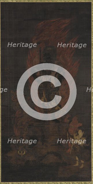 Fudo Myo 'o, with attendants Kongara and Seitaka, Muromachi period, 14th-15th century. Creator: Unknown.