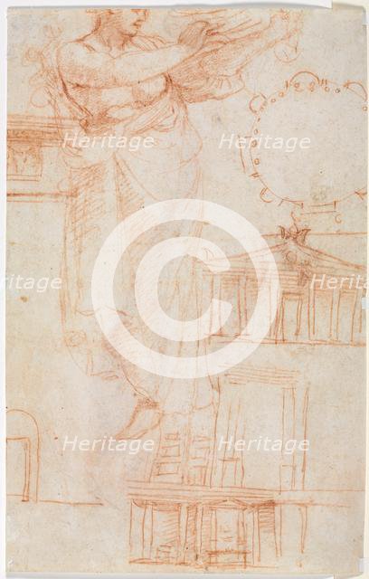 A Draped Female Figure (possibly an Amazon) and Architectural Studies (verso), c. 1525. Creator: Correggio (Italian, 1489?-1534), attributed to.