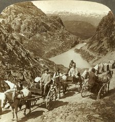 'Travellers on mountain road through wild ravine of Seljestad, Norway', c1905. Creator: Unknown.
