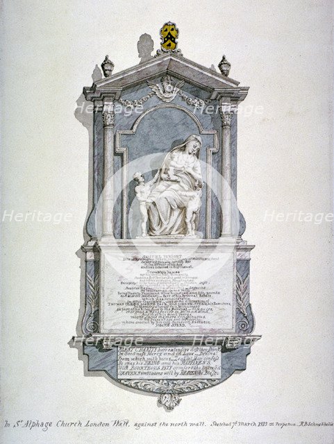 Monument to Samuel Wright, from the north wall of St Alfege's Church, London Wall, London, 1815. Artist: Robert Blemmell Schnebbelie