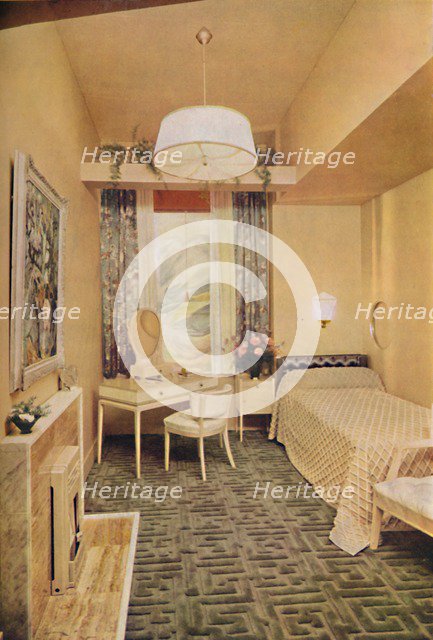 'Bedroom designed by Esmé Gordon, A.R.I.B.A., A.R.I.A.S., with Greek key design W Wilton Carpet by J Artist: Unknown.
