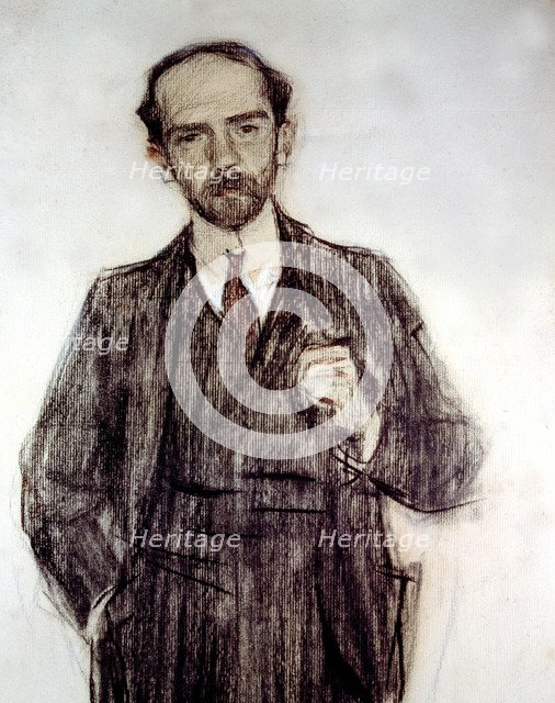 Portrait of Pio Baroja (1872 - 1956), Spanish novelist, charcoal drawing by Ramon Casas.