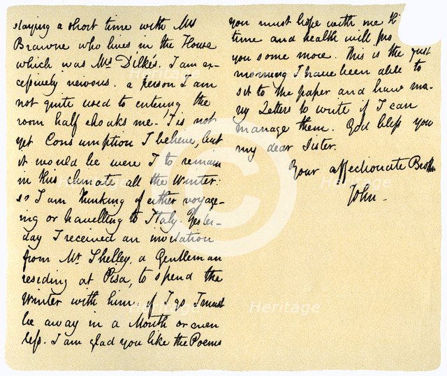 Letter from John Keats to his sister, Fanny Keats, 14th August 1820. Artist: John Keats