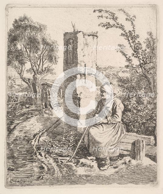 An Old Lady Sitting Near a Pillar at Side of Road, 1819. Creator: Johann Christian Erhard.