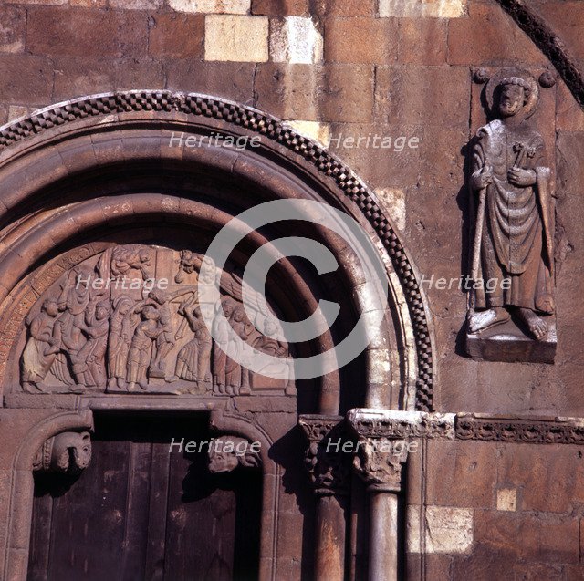 Collegiate Church of San Isidoro, (Leon), Door of Forgiveness, tympanum with Christ on the Cross,…