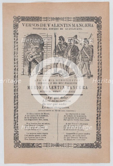 Broadsheet relating to the capture of the outlaw Valentin Mancera..., ca.1902. Creator: José Guadalupe Posada.