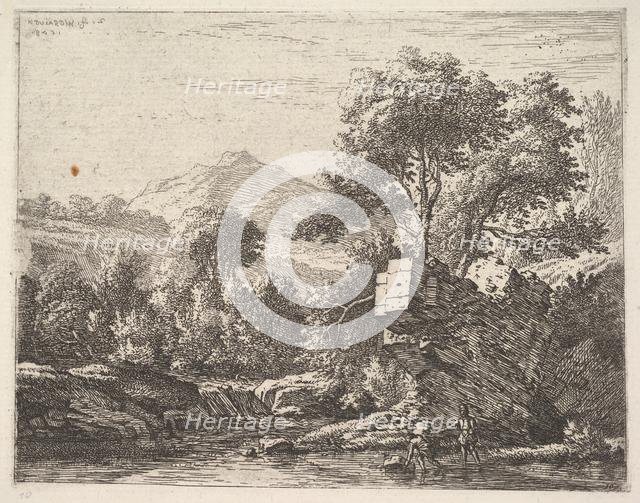 Two men standing ankle-deep in a body of water with a rocky outcrop behind them, to the le..., 1658. Creator: Karel Du Jardin.