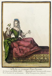 Recueil des modes de la cour de France, 'Philis se Joüant d'un Oyseau', between c1682 and c1686. Creator: Nicolas Bonnart.