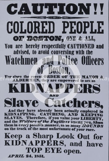 Poster warning Blacks in Boston - kidnappers, 1851. Creator: Unknown.