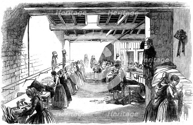 Machine Room in a Steam Sewing Factory, 1854. Artist: Anon