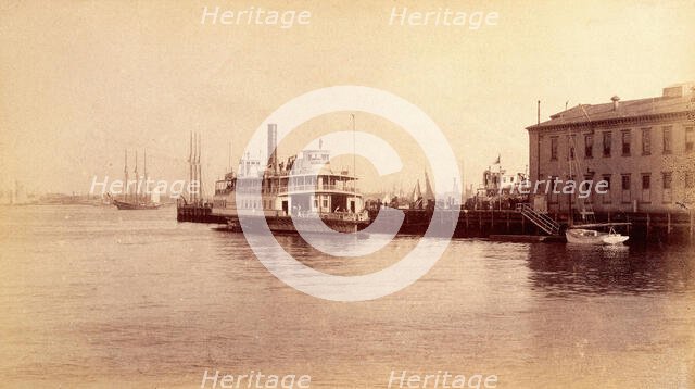 Bellevue Hospital, New York City: a quay on the East River near the hospital, with..., 1885-1898. Creator: Unknown.