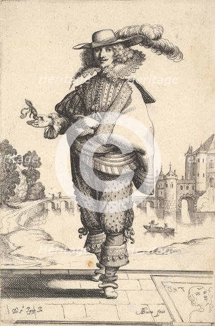 A gentleman standing in front of a large castle and wearing a plumed hat and a lace collar..., 1629. Creator: Abraham Bosse.