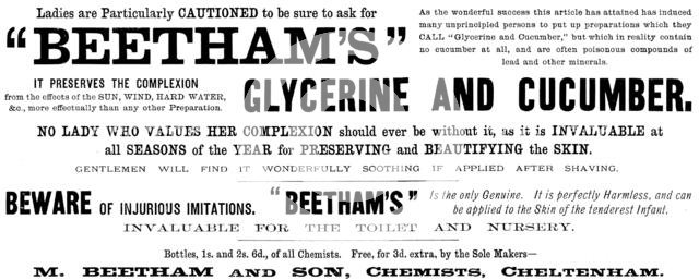 Advertisement for "Beetham’s" Glycerine and Cucumber, 1890. Creator: Unknown.