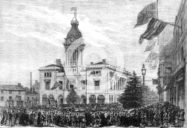 George Stephenson Centenary Festival: procession of benefit societies passing the Market-Hall, 1881. Creator: Unknown.