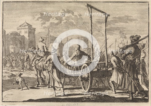Arrival of Stepan Razin and his brother Frol in an iron cage in Moscow, 1671, 1698. Artist: Aa, Pieter van der (1659-1733)