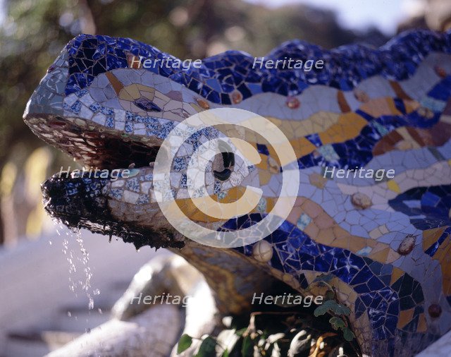 Detail of Triton fountain at the entrance of Park Güell, designed by Antoni Gaudi.