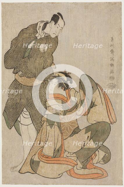 The actors Iwai Hanshiro IV (R) as Ohan of the Shinanoya and Bando Hikosaburo III (L) as..., 1794. Creator: Shunsho.