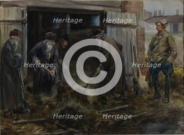 A group of Russian priests forced to clear the barrack stables, 1918.