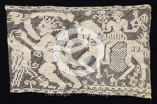 Fragment of a Band with Male Figure Leading Mounted Female Figure with Falcon, 16th-17th cent. Creator: Unknown.