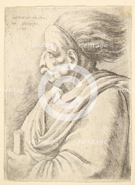 Man with caricatured features and hair streaming behind, in half-length to left, 1648. Creator: Wenceslaus Hollar.