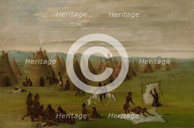 Comanche Village, Women Dressing Robes and Drying Meat, 1834-1835. Creator: George Catlin.