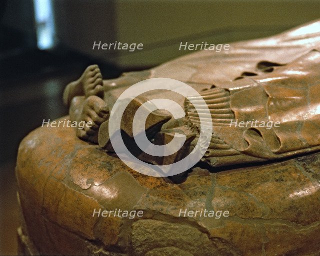 Sarcophagus of the Spouses, made in Etruscan terracotta, detail of feet and footwear.