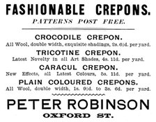Advertisement for Peter Robinson, Fashionable Crepons, 1895. Creator: Unknown.