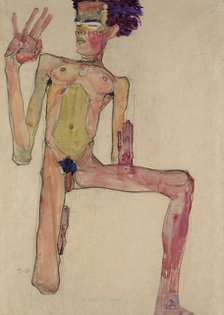 Kneeling Nude with Raised Hands (Self-Portrait).
