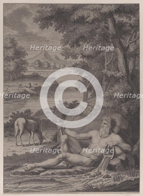 River god in a landscape, 1725. Creator: Frederik Ottens.
