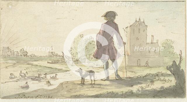 Man with dog near water, 1682-1708.  Creator: J. Paon.