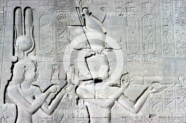 Horizontal detail of a relief of Cleopatra and Caesarion ,Temple of Hathor, c125 BC - c60 AD. Artist: Unknown