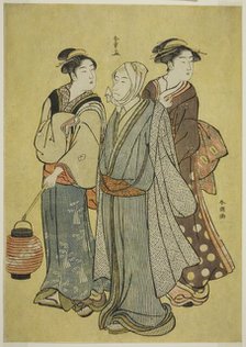 A Young Man Dressed as an Actor of the Ichikawa Family (by Shunsho), a Maid and a... late 1780s. Creator: Shunsho.