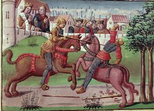 Gentlemen's Tournament of the Carolingian period, miniature in the incunable 'Ogier le Danois', p…