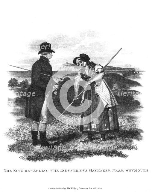 The king rewarding the industrious haymaker near Weymouth, 1820. Artist: Thomas Kelly-Kenny