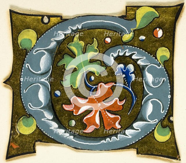 Decorated Initial "G" in Grey with Red, Green and Blue Leaves from a Manuscript, 14th..., c. 1920. Creator: Unknown.