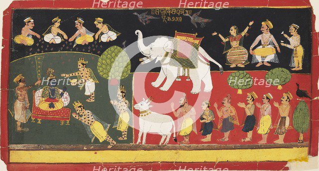 Krishna revered by Indra arriving on a white elephant, c1720. Artist: Unknown.
