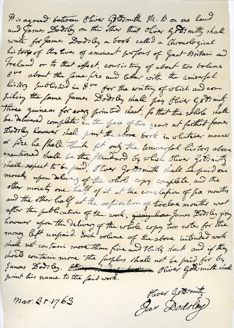 Agreement by Oliver Goldsmith to write for James Dodsley, 31st March 1763.Artist: Oliver Goldsmith