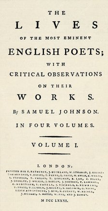 'Facsimile title-page (reduced) of Johnson's Lives of the Poets - as re-issued in separate form. T Artist: Unknown.