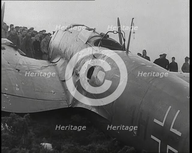A Close up of a Downed German Airforce Bomber Lying in a Scottish Field With Damage to the..., 1939. Creator: British Pathe Ltd.