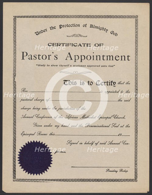 Blank certificate of pastor's appointment for the A.M.E. Church, 20th century. Creator: Unknown.